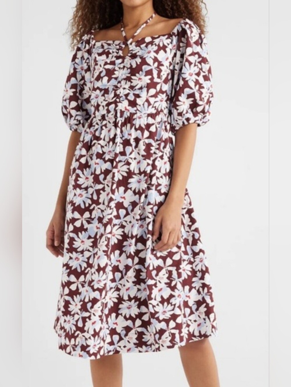 NWT Free Assembly Floral Puff Sleeve Halter Midi Dress Size Small